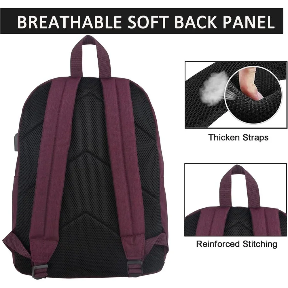 💫 Women Red Casual Laptop Bag College USB Charging Port Lightweight Backpack